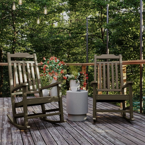 BizChair Set of 2 All-Weather Rocking Chairs in Mahogany Faux Wood, Resin Frame