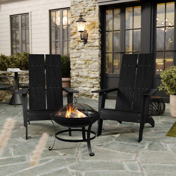 BizChair Set of 2 Black Modern Commercial All-Weather 2-Slat Poly Resin Adirondack Chairs with 22" Round Wood Burning Fire Pit