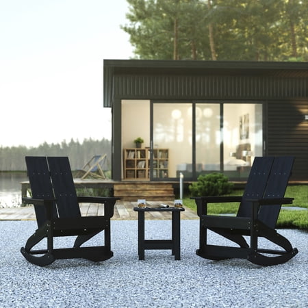 BizChair Set of 2 Black Modern Commercial Grade All-Weather 2-Slat Poly Resin Rocking Adirondack Chairs with Matching Side Table