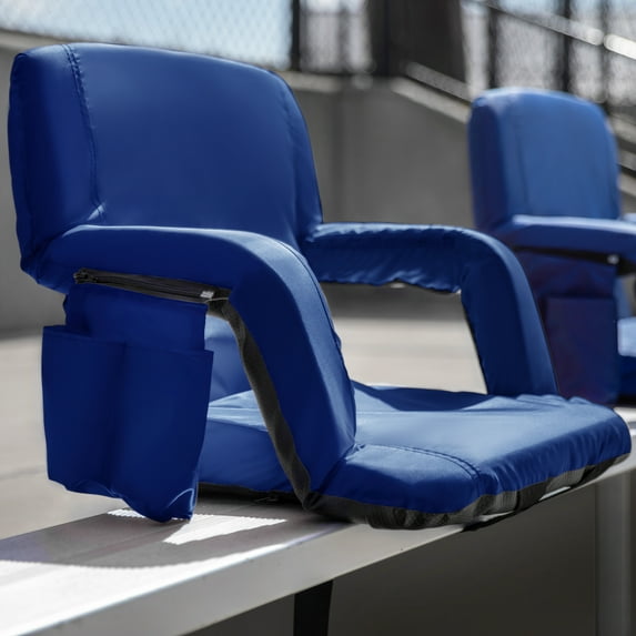 BizChair Set of 2 Blue Portable Lightweight Reclining Stadium Chairs with Armrests, Padded Back & Seat - Storage Pockets & Backpack Straps