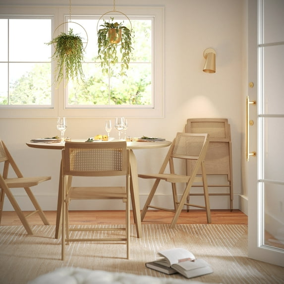 BizChair Set of 2 Cane Rattan Folding Chairs with Solid Wood Frame and Seat and Ventilated Back, Perfect for Events or Additional Seating, Natural