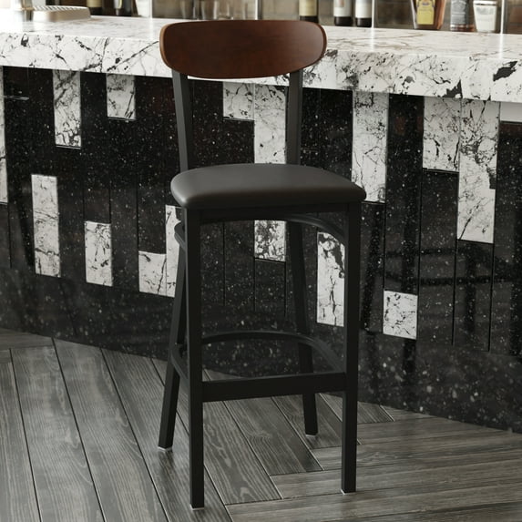 BizChair Set of 2 Commercial Barstools with 500 LB. Capacity Black Steel Frame, Walnut Finish Wooden Boomerang Back, and Black Vinyl Seat