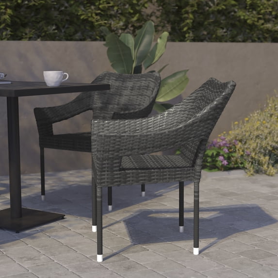 BizChair Set of 2 Commercial Grade Stacking Patio Chairs, All Weather PE Rattan Wicker Patio Dining Chairs in Gray