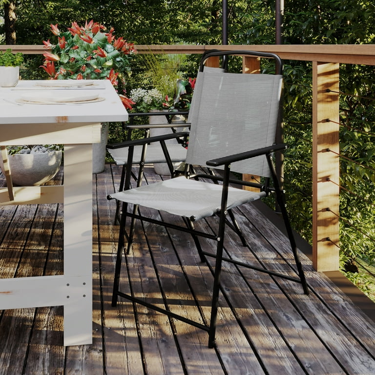 BizChair Set of 2 Folding Patio Sling Chairs Outdoor Textilene Lawn Chairs with Armrests in Gray