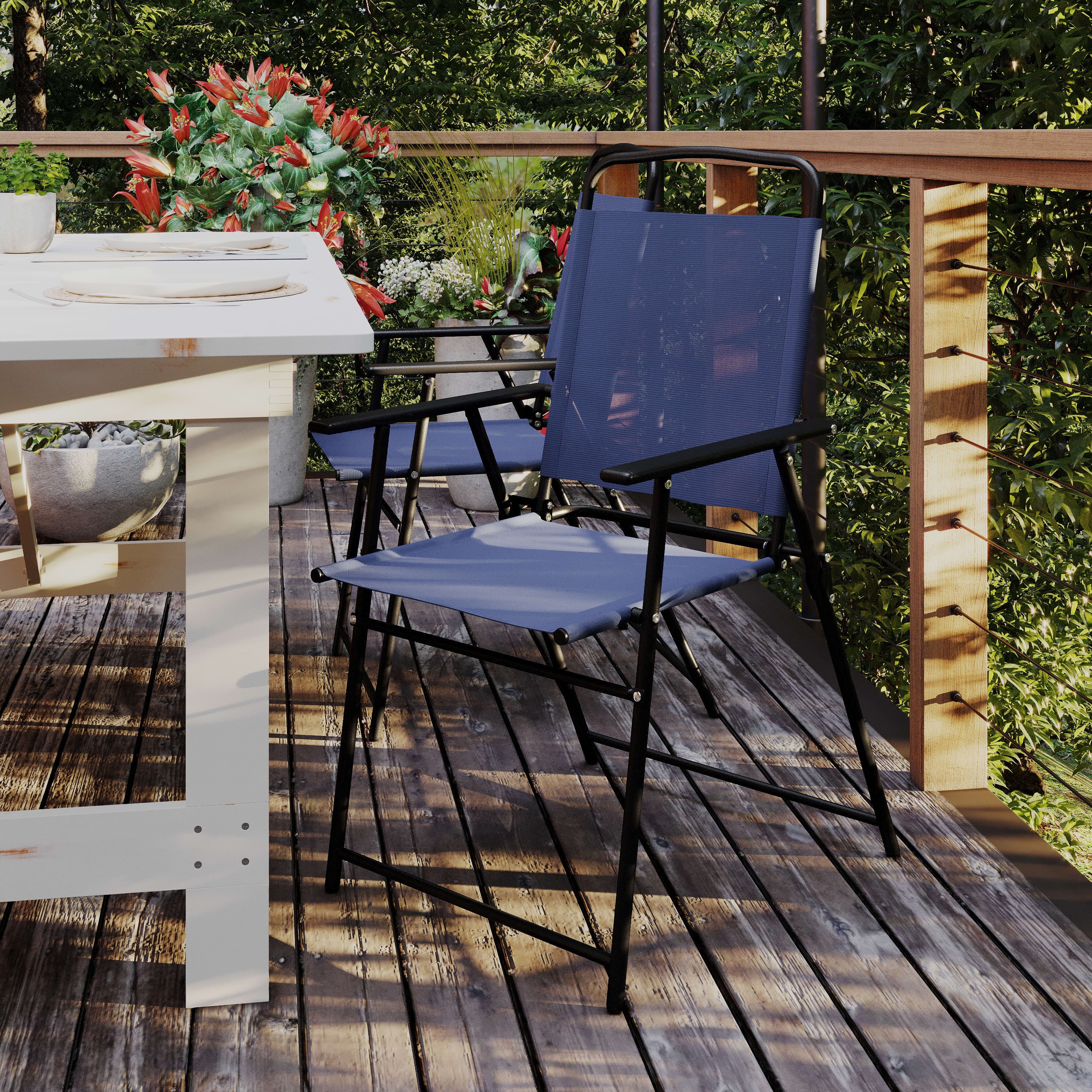 BizChair Set of 2 Folding Patio Sling Chairs, Outdoor Textilene Lawn Chairs with Armrests in Navy