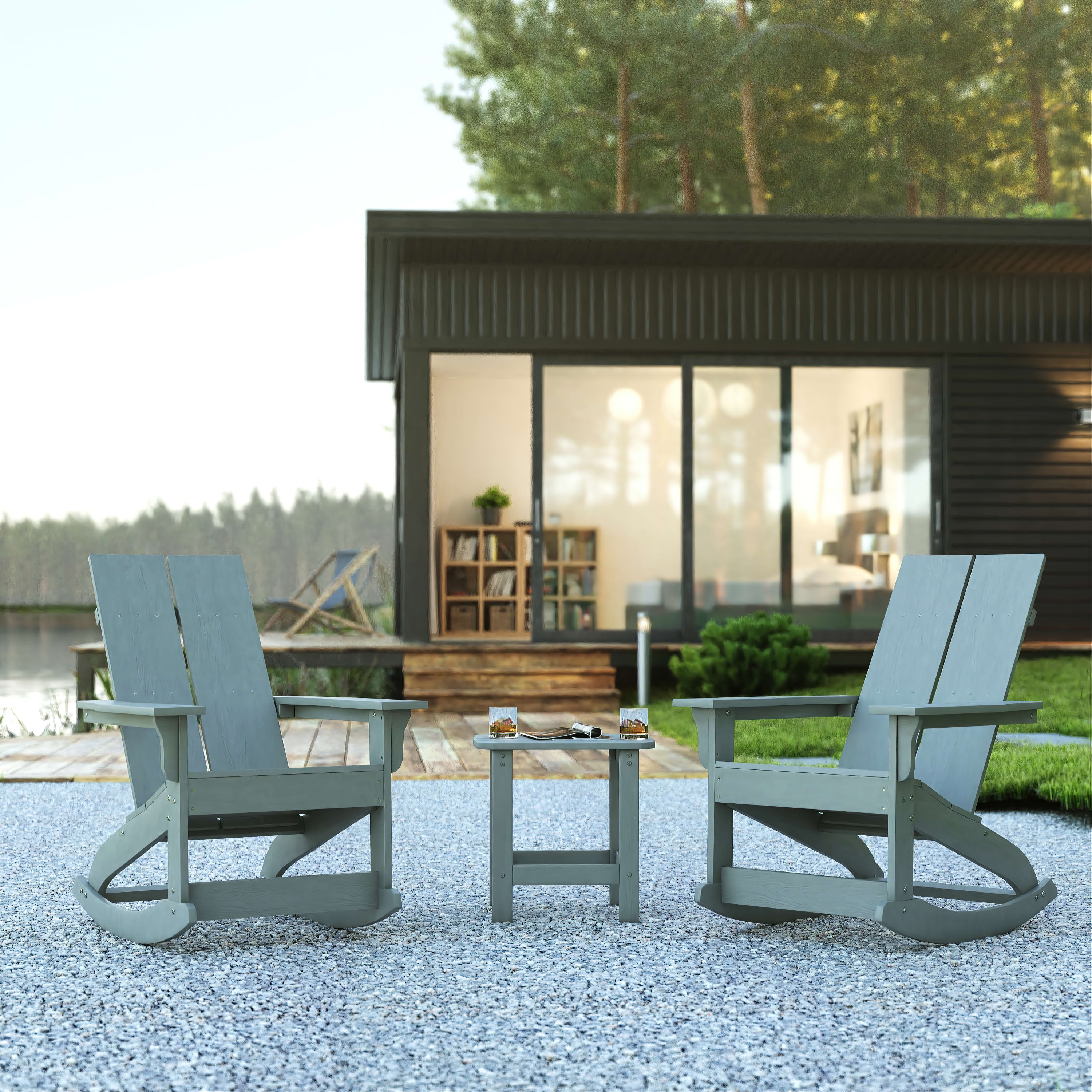 BizChair Set of 2 Gray Modern Commercial Grade All Weather 2 Slat