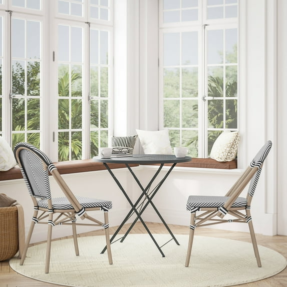 BizChair Set of 2 Indoor/Outdoor Commercial Bistro Stacking Chair, Black Textilene Back and Seat, Bamboo Print Aluminum Frame in Light Natural