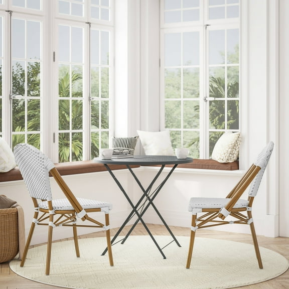 BizChair Set of 2 Indoor/Outdoor Commercial Bistro Stacking Chair, White/Gray PE Rattan Back and Seat, Bamboo Print Aluminum Frame in Natural