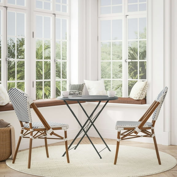 BizChair Set of 2 Indoor/Outdoor Commercial Bistro Stacking Chair, White/Navy PE Rattan Back and Seat, Bamboo Print Aluminum Frame in Natural