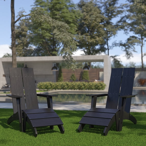 BizChair Set of 2 Modern All-Weather Poly Resin Wood Adirondack Chairs with Foot Rests in Black