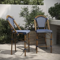 BizChair Set of 2 Stackable Indoor/Outdoor Bistro 26" High Counter Height Stools, Commercial Grade, Navy/White and Bamboo Finish
