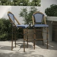thumbnail image 1 of BizChair Set of 2 Stackable Indoor/Outdoor Bistro 30" High Barstools, Commercial Grade, Navy/White and Bamboo Finish, 1 of 12