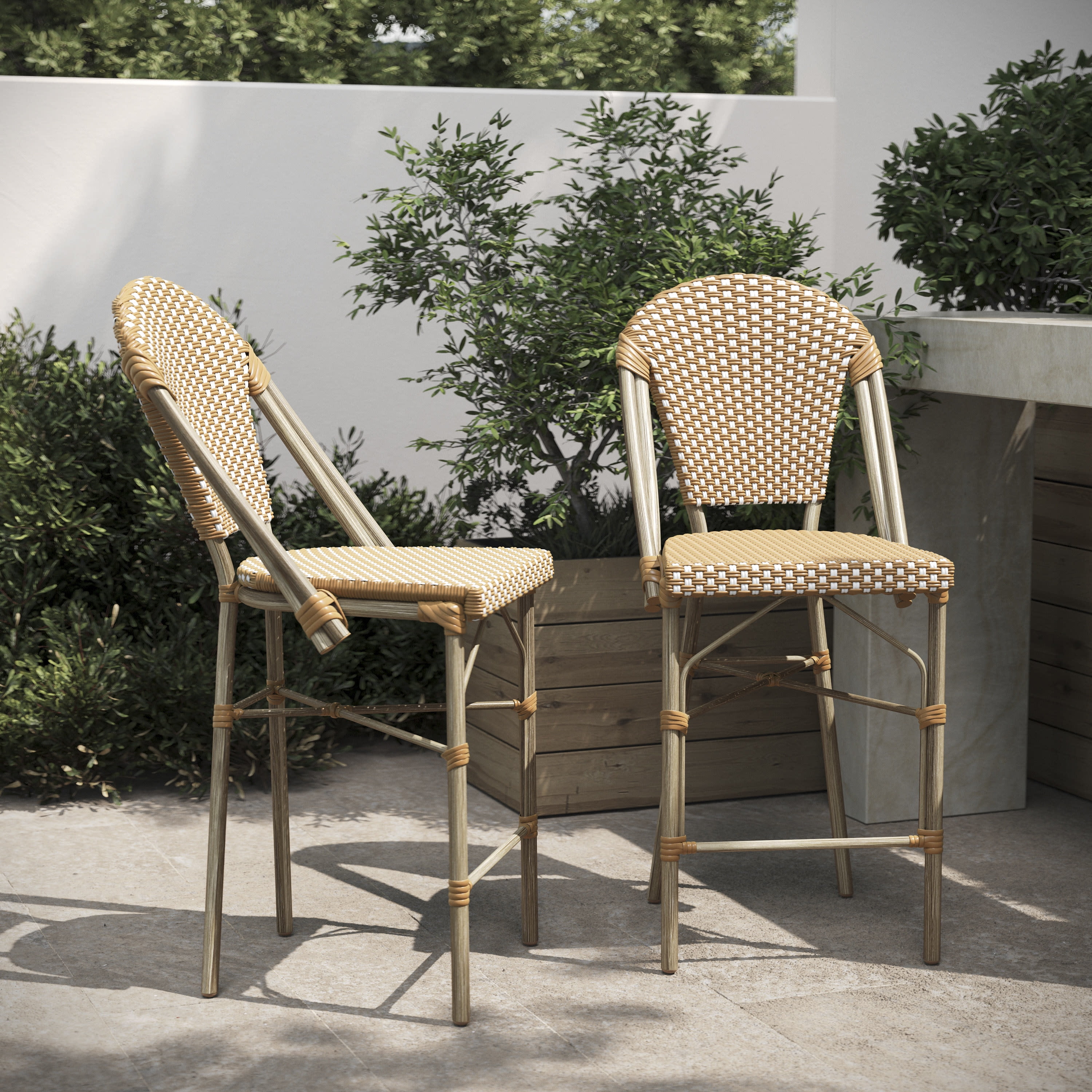 Natural and White Rattan Bistro Counter Stools, Set of 2