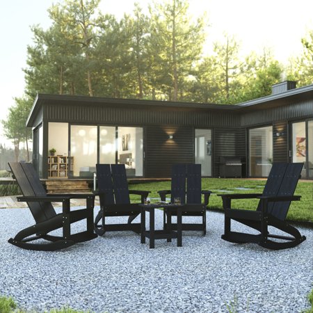 BizChair Set of 4 Black Modern Commercial Grade All-Weather 2-Slat Poly Resin Rocking Adirondack Chairs with Matching Side Table