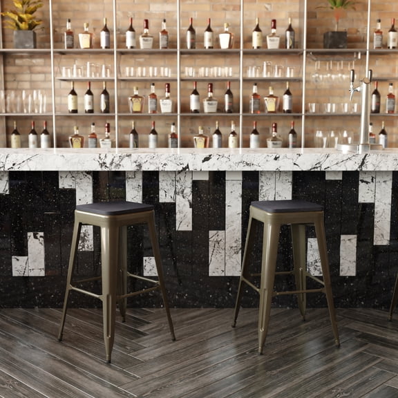 BizChair Set of 4 Commercial Grade 30" High Backless Gunmetal Metal Indoor Bar Height Stools with Black All-Weather Poly Resin Seats