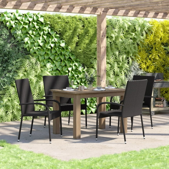 BizChair Set of 4 Stackable Indoor/Outdoor Wicker Dining Chairs with Arms - Fade & Weather-Resistant Steel Frames - Black