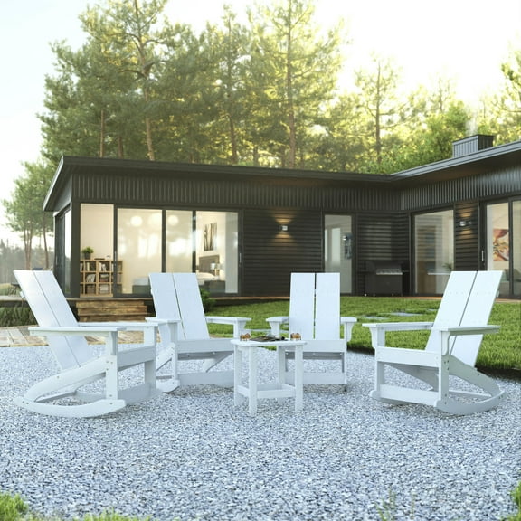 BizChair Set of 4 White Modern Commercial Grade All-Weather 2-Slat Poly Resin Rocking Adirondack Chairs with Matching Side Table