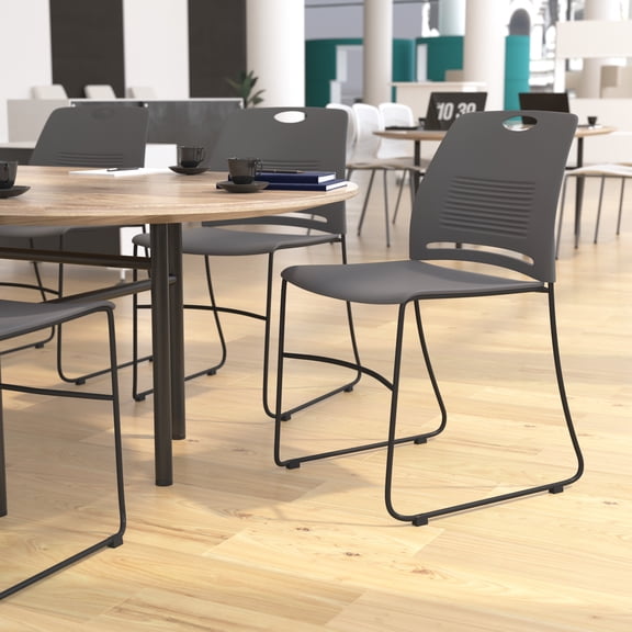 BizChair Set of 5 Commercial 660 lb. Capacity Gray Plastic Stack Chairs with Black Powder Coated Sled Base Frames and Carrying Handle
