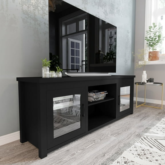 BizChair Sheffield Classic TV Stand for up to 80" TVs - Modern Black Finish with Full Glass Doors - 65" Engineered Wood Frame - 3 Shelves