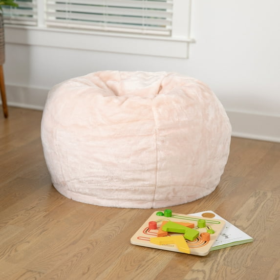 BizChair Small Blush Furry Refillable Bean Bag Chair for Kids and Teens