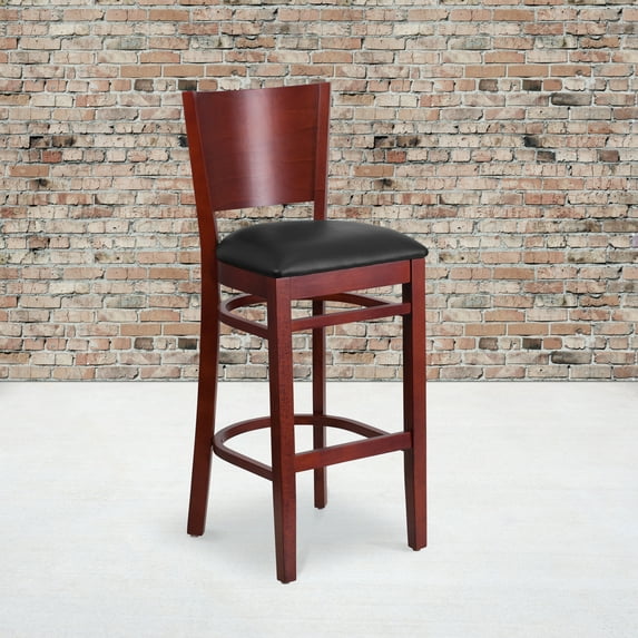 BizChair Solid Back Mahogany Wood Restaurant Barstool - Black Vinyl Seat