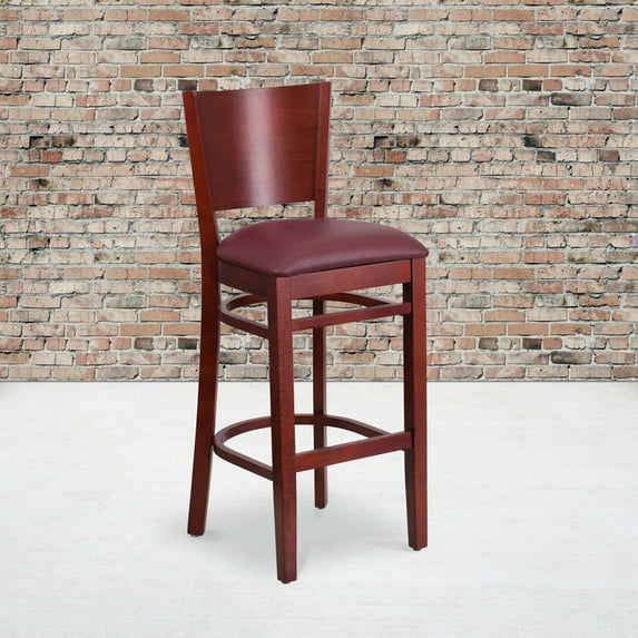 BizChair Solid Back Mahogany Wood Restaurant Barstool - Burgundy Vinyl Seat