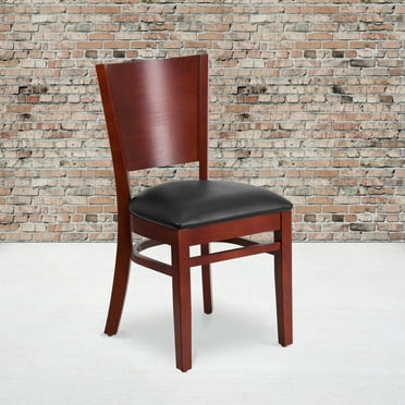 BizChair Solid Back Mahogany Wood Restaurant Chair - Black Vinyl Seat