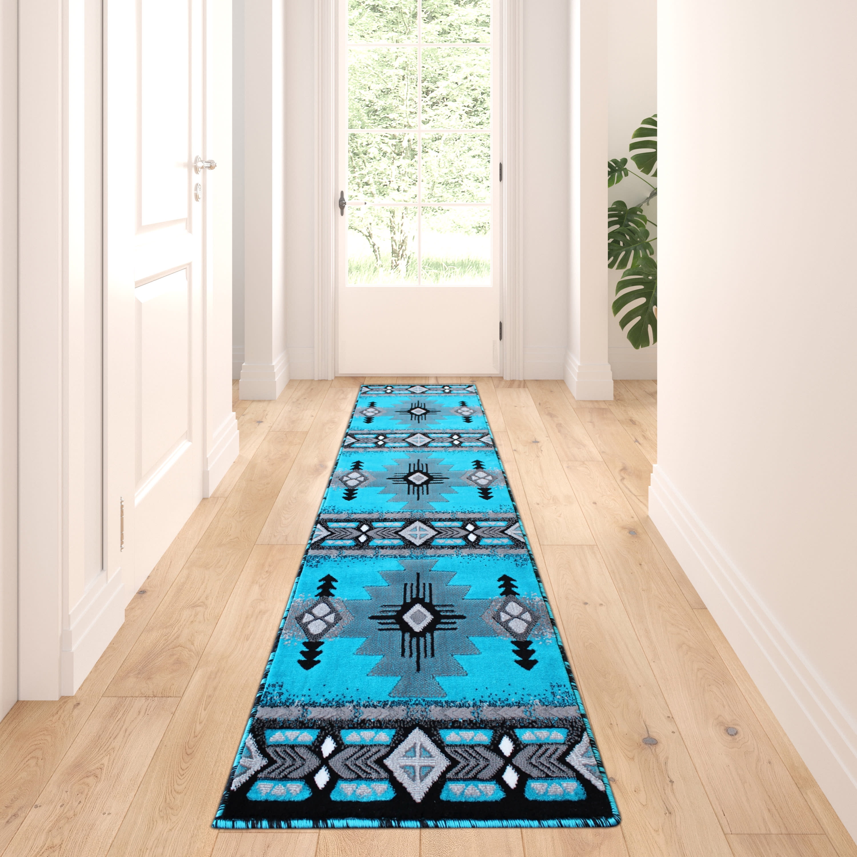 BizChair Southwest Native Design Turquoise Area Rug (2 Feet X 7 Feet ...