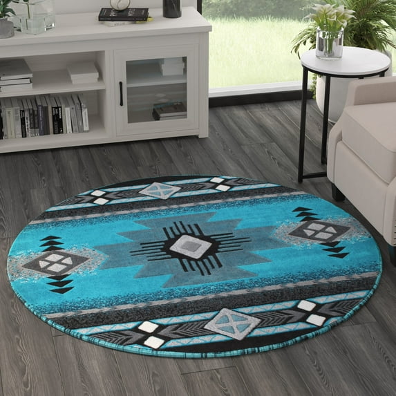 BizChair Southwest Native Design Turquoise Area Rug (5 Feet X 5 Feet Round)