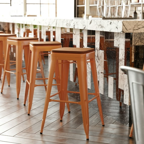 BizChair Stacking Backless Barstool, Orange/Teak