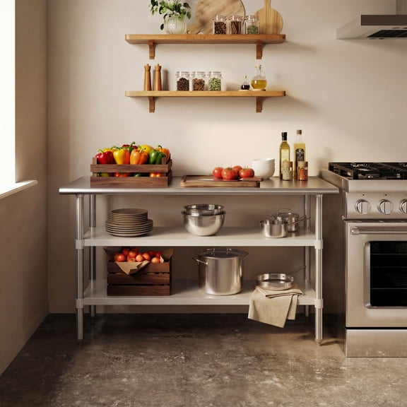 BizChair Stainless Steel 18 Gauge Work Table with 2 Undershelves - 60"W x 24"D x 34.5"H, NSF