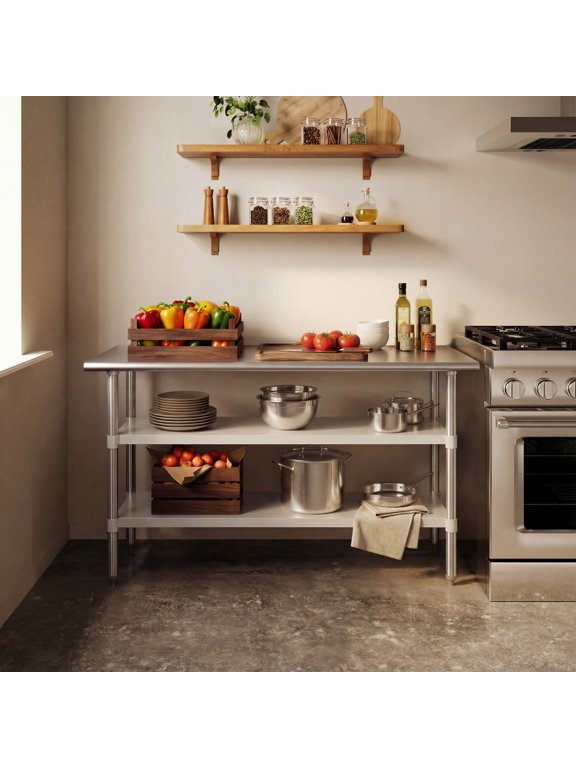 Stainless Steel 18 Gauge Work Table with 2 Undershelves - 60"W x 24"D x 34.5"H, NSF