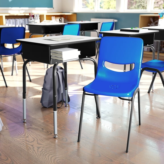 BizChair Student Desk with Open Front Metal Book Box, Gray Desktop, and Black Frame and Navy Heavy-Duty Flex Comfort Classroom Stack Chair