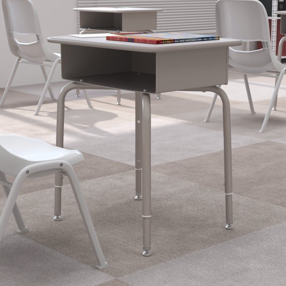 BizChair Student Desk with Open Front Metal Book Box - Gray Granite/Silver
