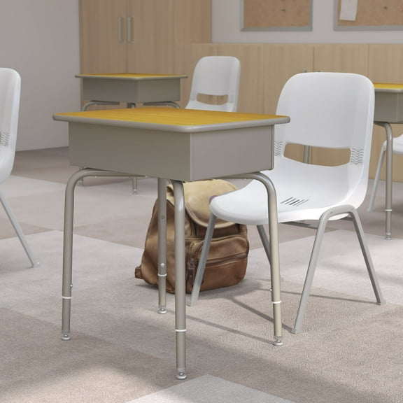 BizChair Student Desk with Open Front Metal Book Box - Maple/Silver