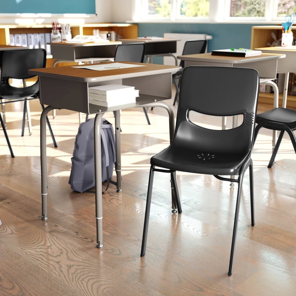 BizChair Student Desk with Open Front Metal Book Box, Walnut Desktop, and Silver Frame and Black Heavy-Duty Flex Comfort Classroom Stack Chair