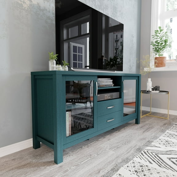 BizChair Teal 59 Inch Modern Kitchen and Dining Room Buffet Sideboard Storage Cabinet, Engineered Wood with 2 Tempered Glass Doors, 2 Drawers, Open Shelf