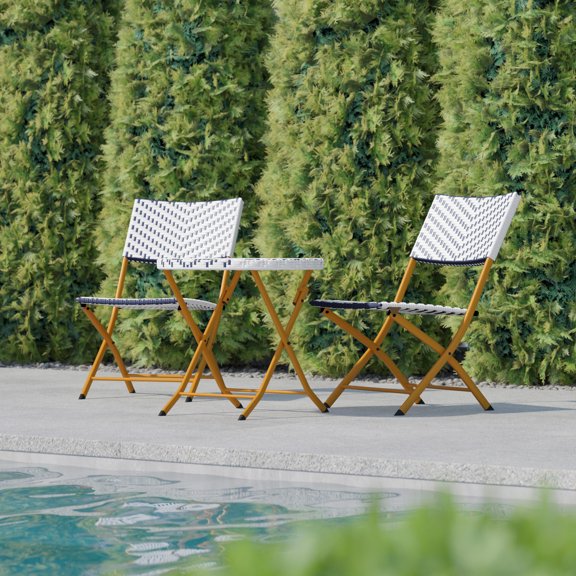 BizChair Three Piece Commercial Grade Foldable Bistro Set, Indoor/Outdoor PE Rattan Back, Seat and Table Top, Navy/White with Natural Steel Frames