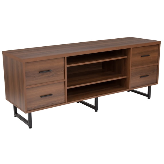 BizChair Three Shelf and Four Drawer TV Stand in Rustic Wood Grain Finish