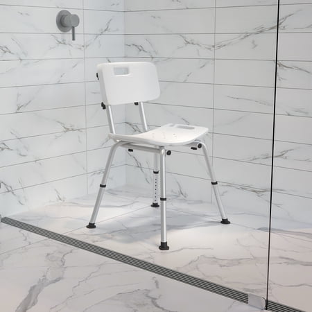 BizChair Tool-Free and Quick Assembly, 300 Lb. Capacity, Adjustable White Bath & Shower Chair with Back