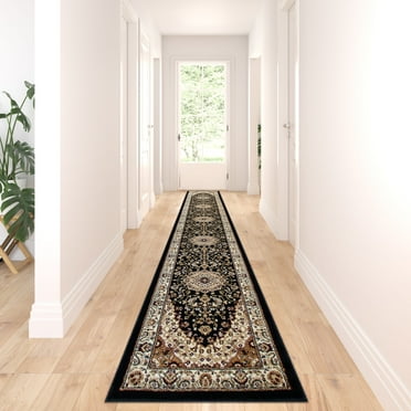 BizChair Traditional Area Rug Runner 32 Inch X 15 Feet 10 Inch Black Bellagio 401