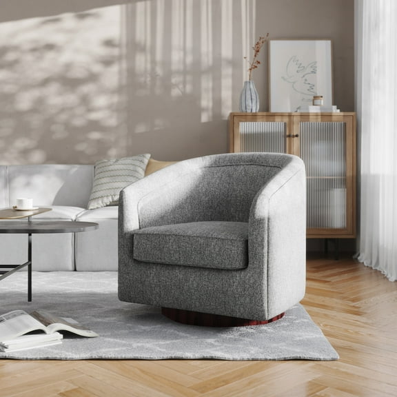 BizChair Traditional Foam Polyester Steel Swivel Barrel Accent Armchair with 360 Degree Metal Base, Gray