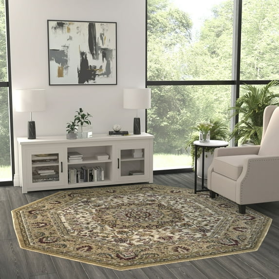 BizChair Traditional Octagon Area Rug Design Bellagio 401 Ivory (7 Feet 3 Inch x 7 Feet 3 Inch)