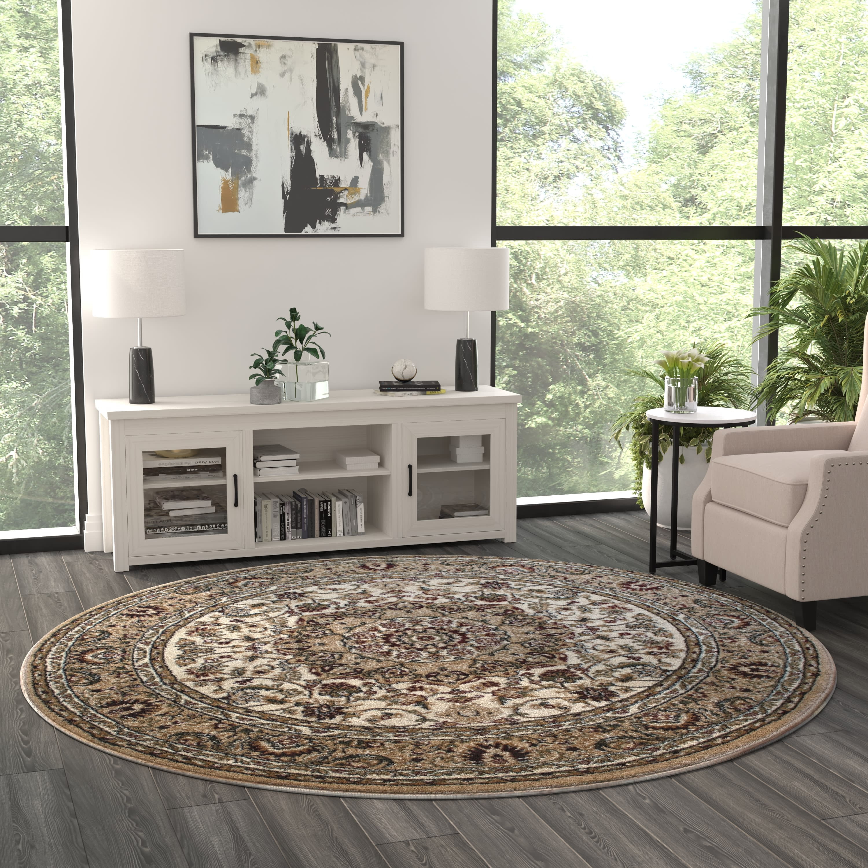 BizChair Traditional Round Area Rug Ivory Design 401 Bellagio (7 Feet 3 ...