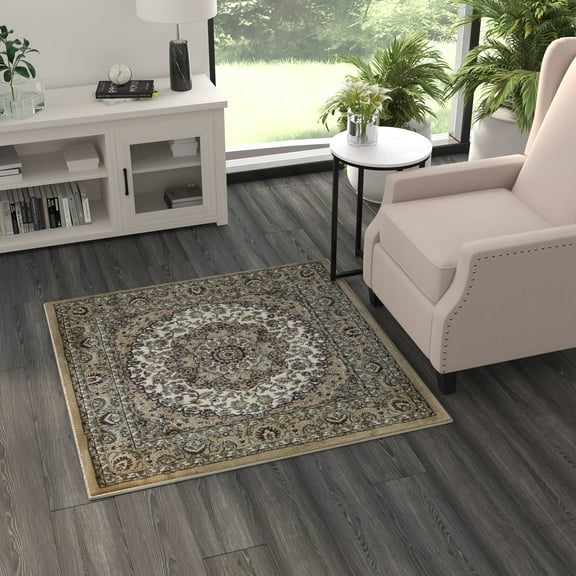 BizChair Traditional Square Area Rug Design Bellagio 401 (4 Feet X 4 Feet) Ivory.