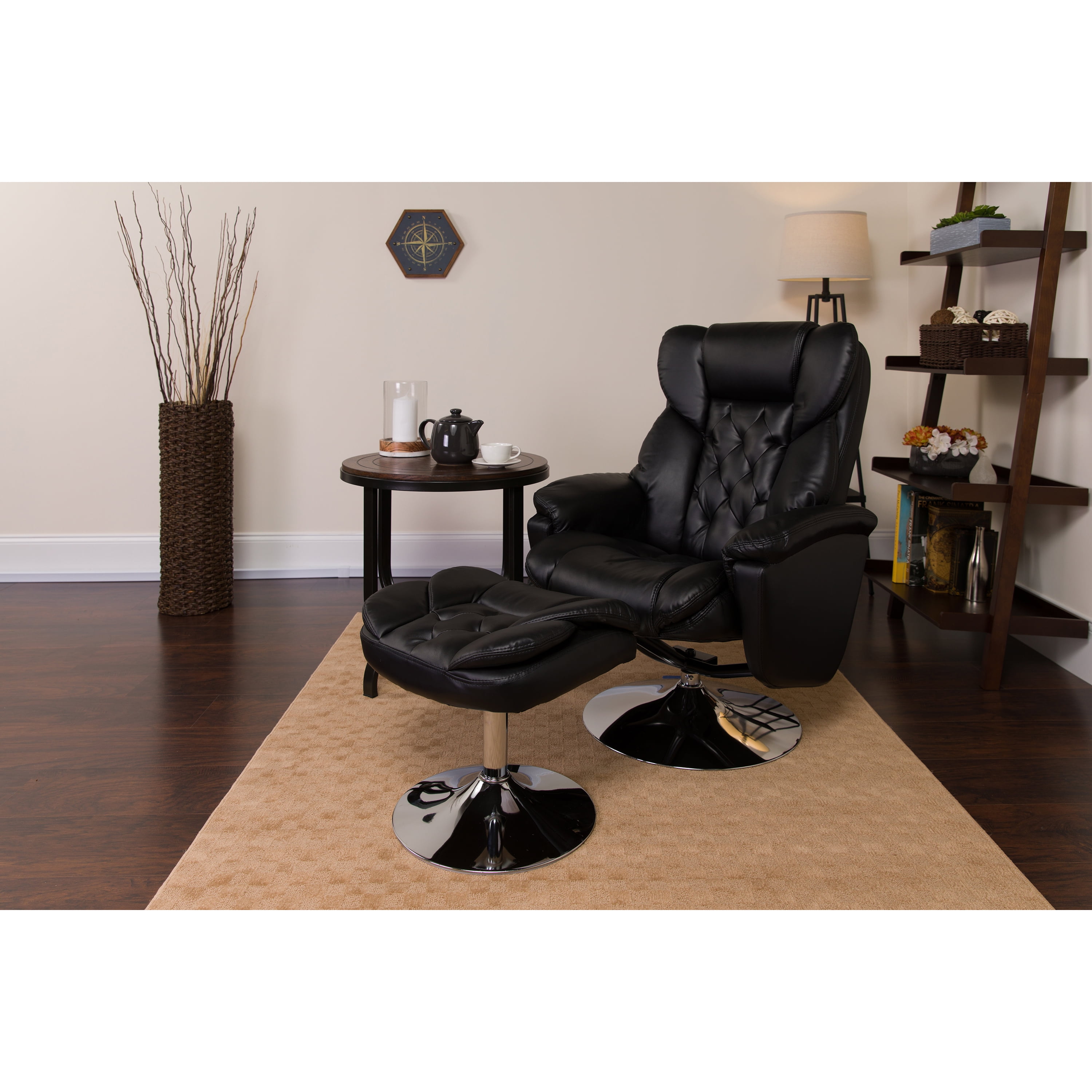 Black Leather Swivel Recliner with Metal Base