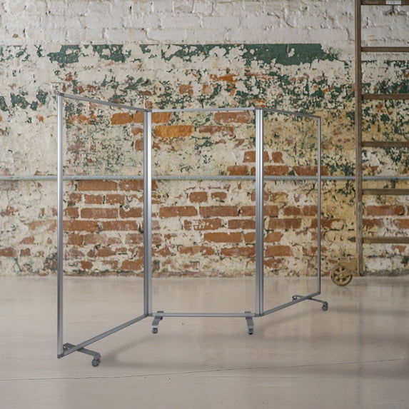 BizChair Transparent Acrylic Mobile Partition with Lockable Casters, 72"H x 36"L (3 Sections Included)