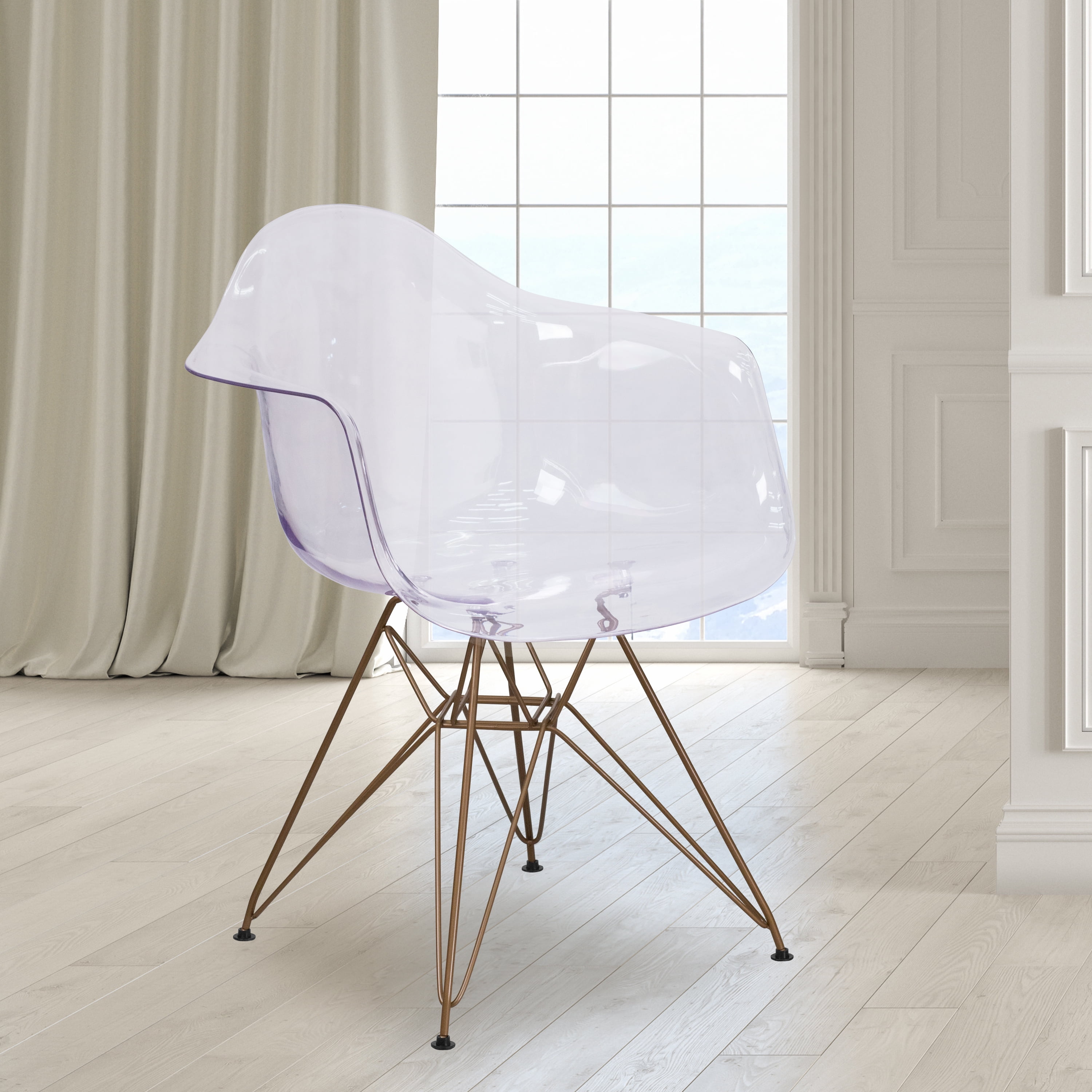 Transparent Side Chair with Curved Arms and Gold Metal Base