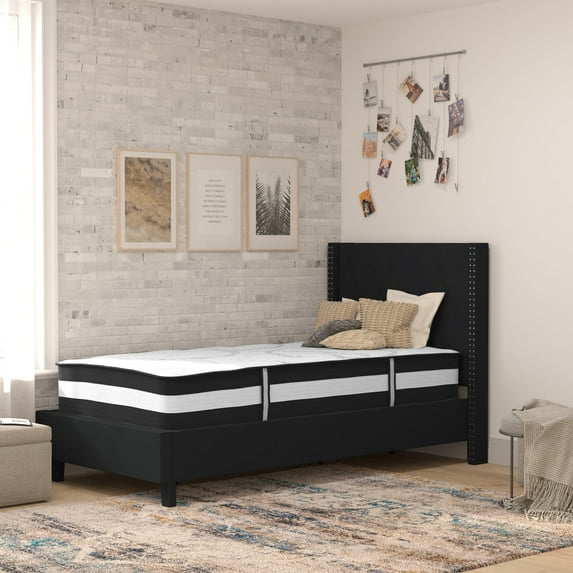 BizChair Twin Size Tufted Upholstered Platform Bed with Accent Nail Trimmed Extended Sides in Black Fabric with Mattress