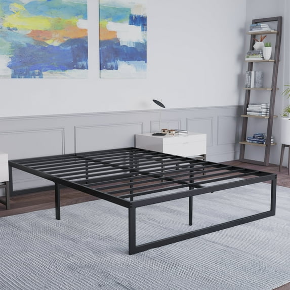 BizChair Universal 14 Inch Metal Platform Bed Frame - No Box Spring Needed w/ Steel Slat Support and Quick Lock Functionality - Queen